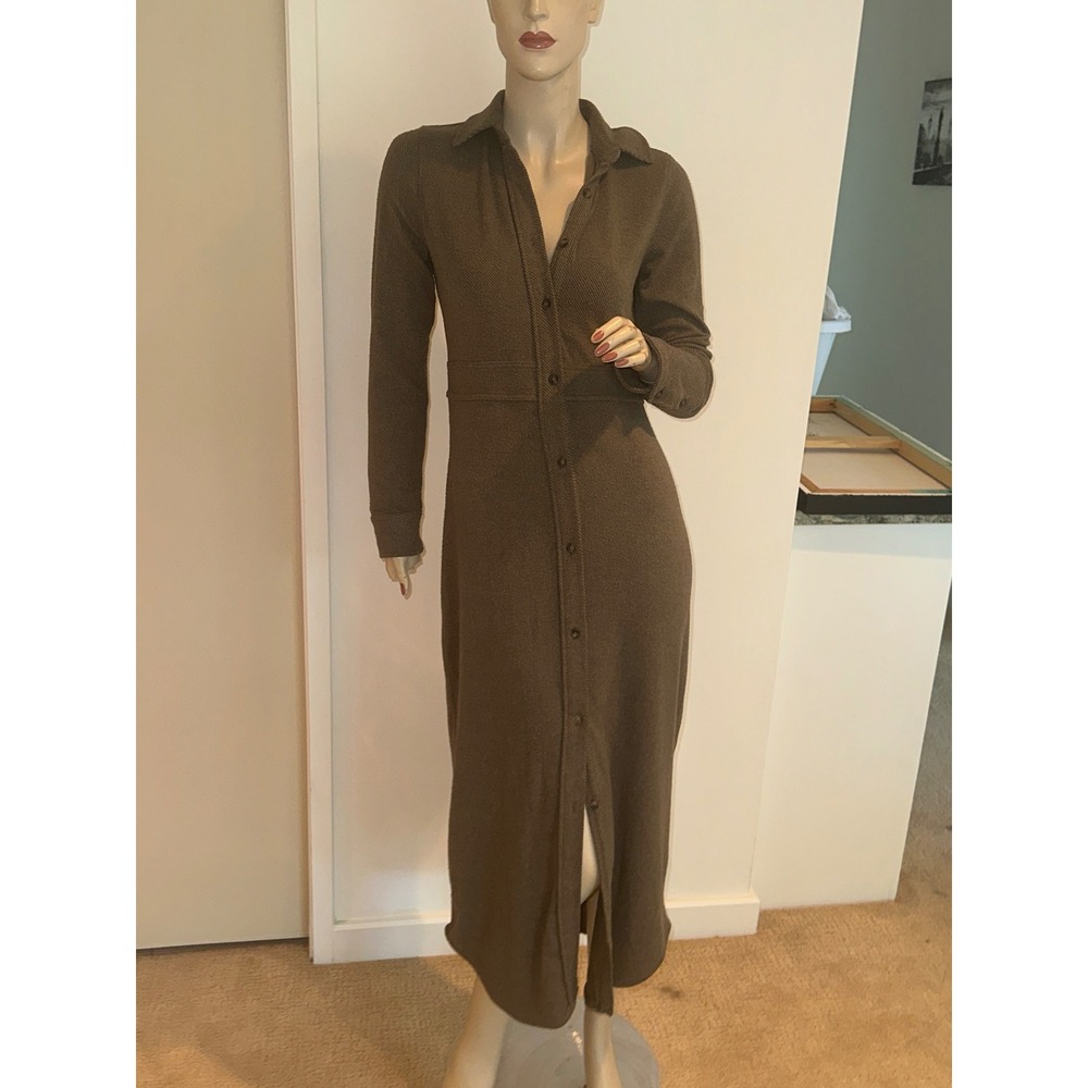 Faherty Brand Olive Green Textured Midi Shirtdress Long Sleeve Button Front XS
